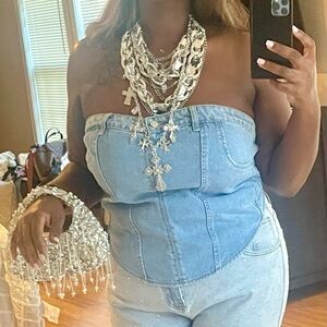 Fashion Nova Light Blue Denim Strapless Top